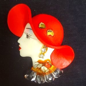 Womens lady in red hat brooch